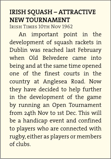Irish Times report on the first Belvedere squash tournament in 1962